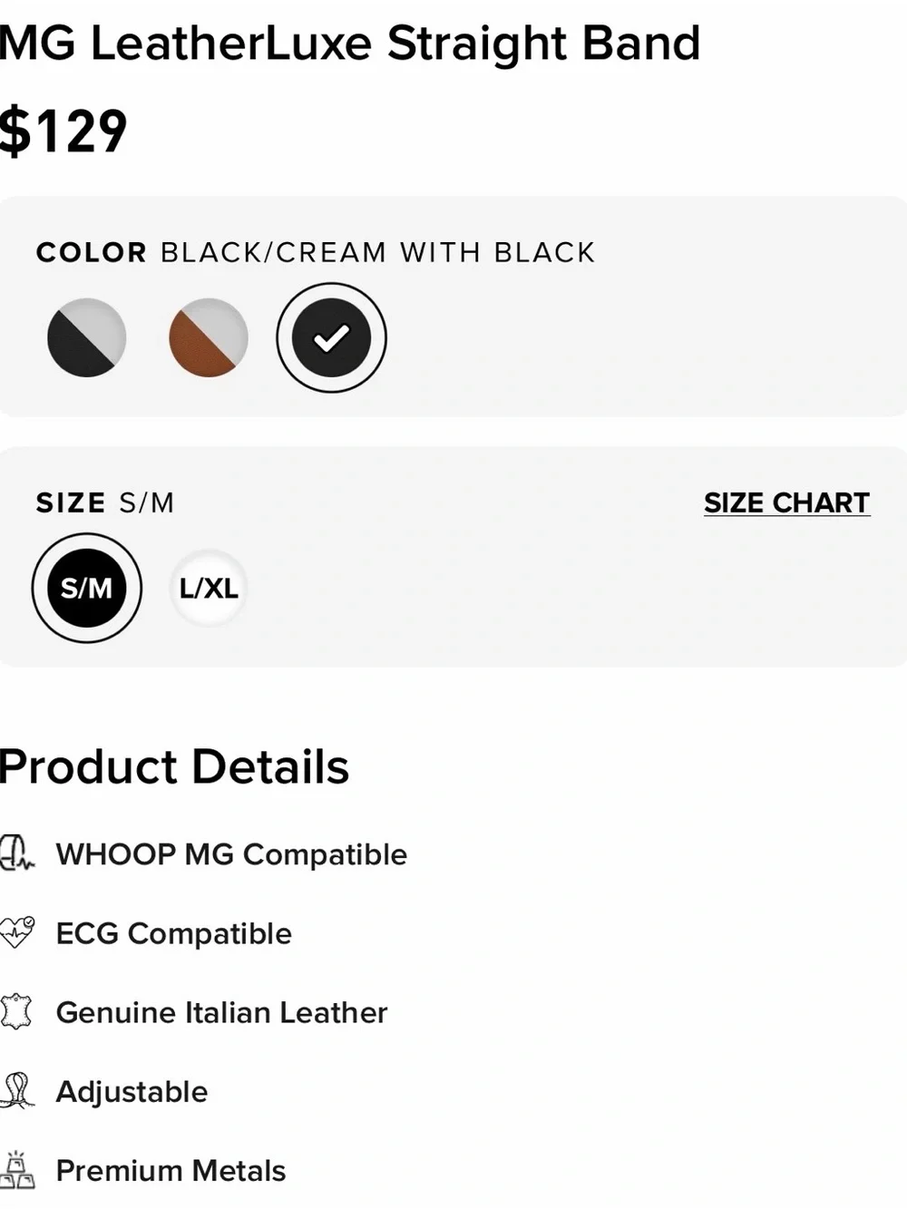 NEW WHOOP MG LeatherLuxe Straight Band - Black/Cream (Size S/M) - Only Wristband